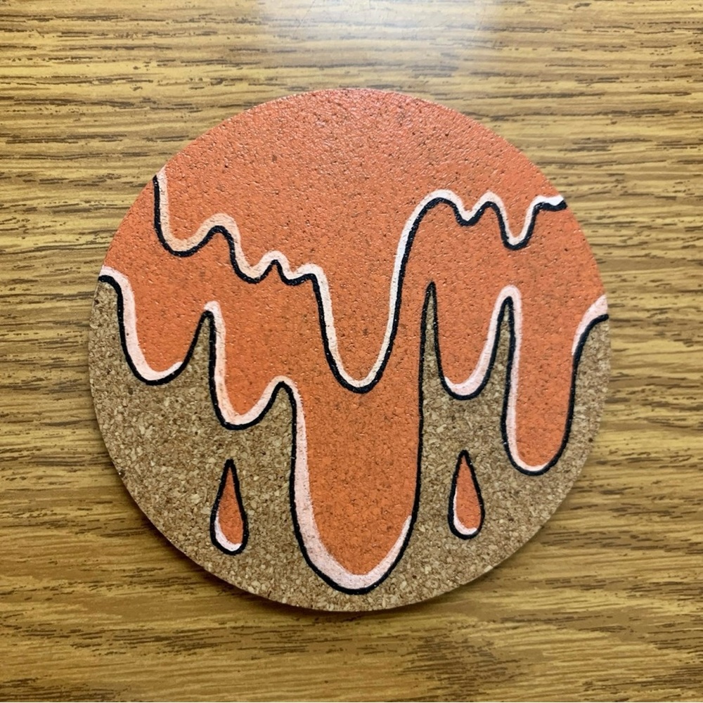 Orange Grime Drip Painted Cork Coaster